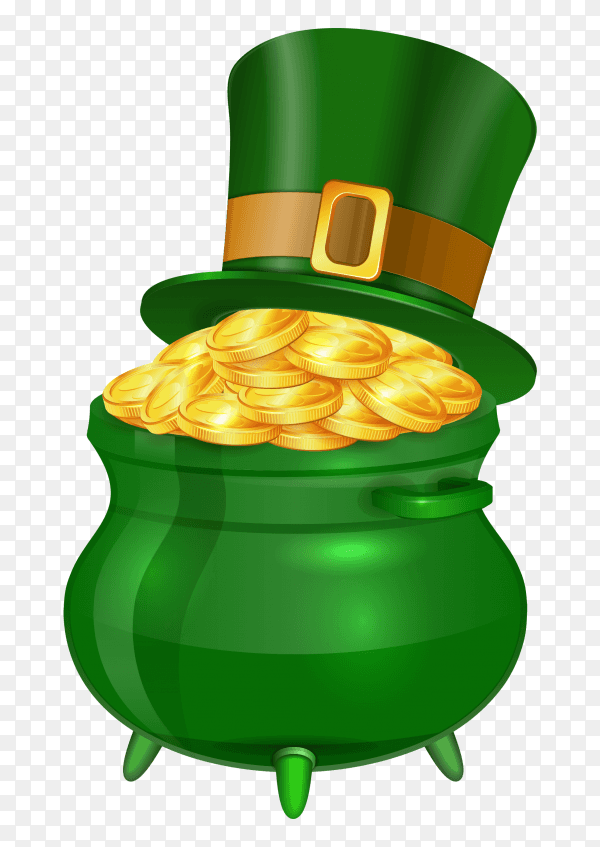 St. patrick`s day green pot with gold coins on transparent background PNG