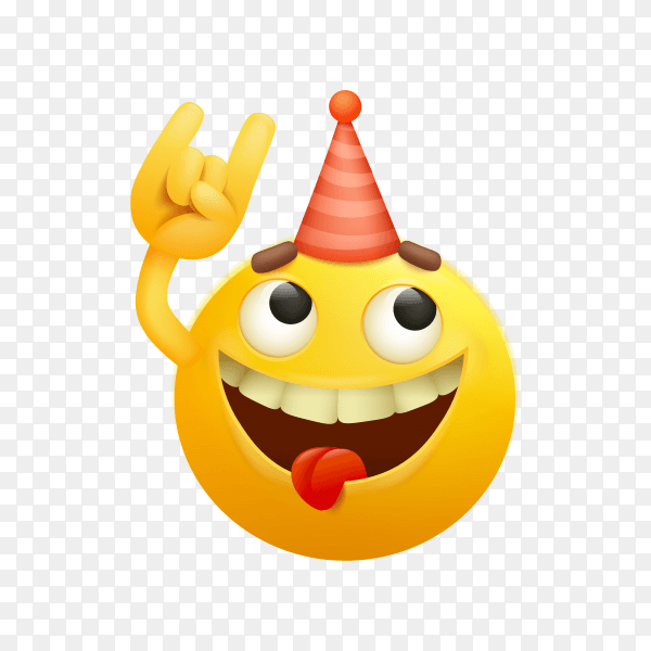 Party emoji. Happy face with birthday hat and confetti on transparent background PNG