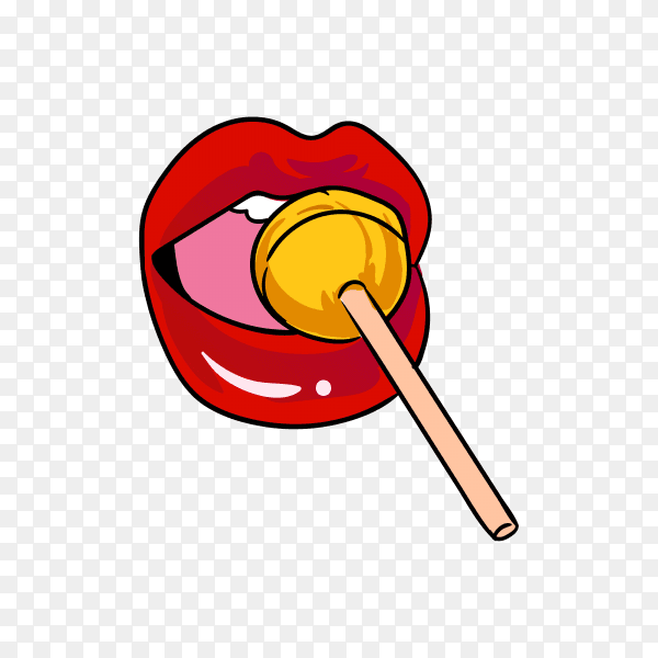 Red lips with candy. Red female glossy lips and yellow lollipop on transparent background PNG