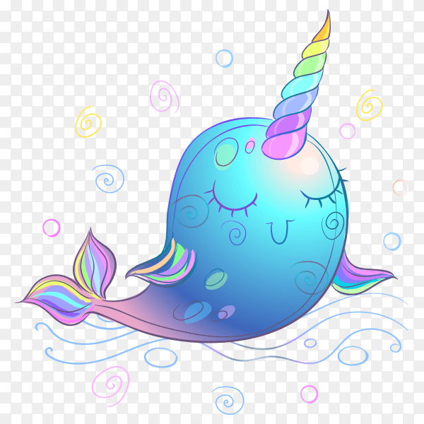 Cute fabulous unicorn whale. watercolor on transparent background PNG