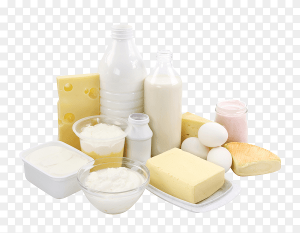 Dairy products. milk, cottage cheese, sour cream, butter, eggs on transparent background PNG
