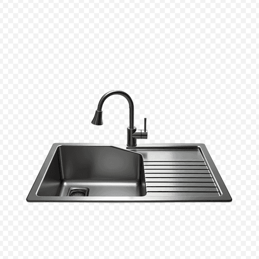 Stainless Steel Kitchen Sink PNG Image with Faucet and Draining Board
