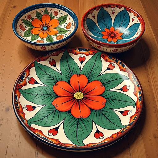 Colorful Hand-Painted Ceramic Bowls and Plate PNG