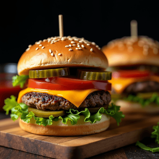Delicious Cheeseburger with Pickles and Lettuce PNG Image