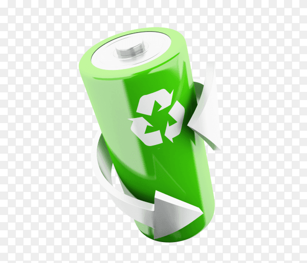 3d green battery with recycling symbol PNG