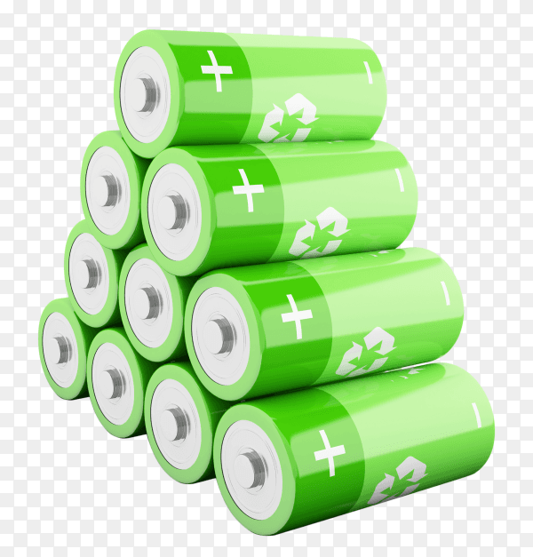 3d green batteries with recycling symbol PNG
