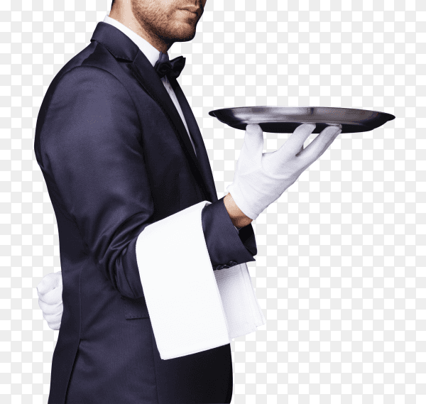 Waiter holding an empty silver tray PNG