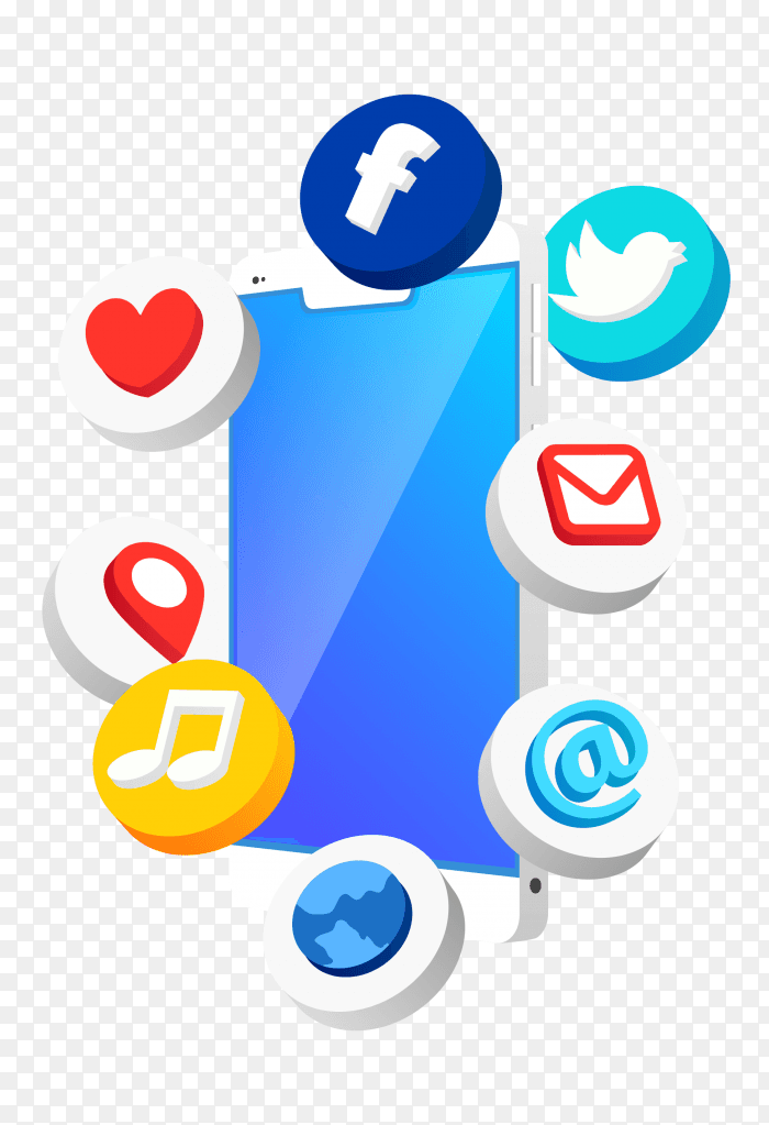 Antigravity mobile phone with social media icons PNG