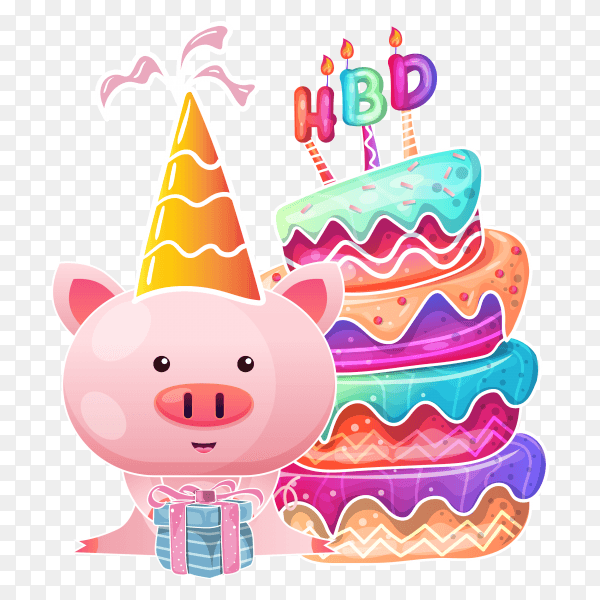 Birthday cake with cute baby pig cartoon PNG