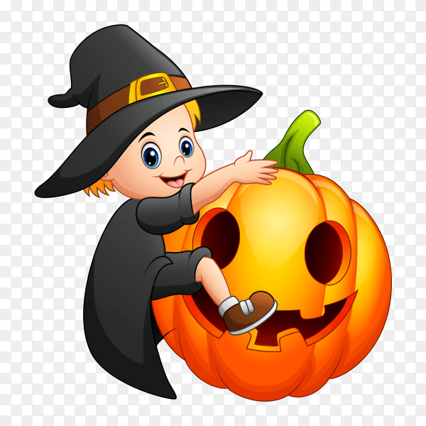 Cartoon little witch with a pumpkin PNG