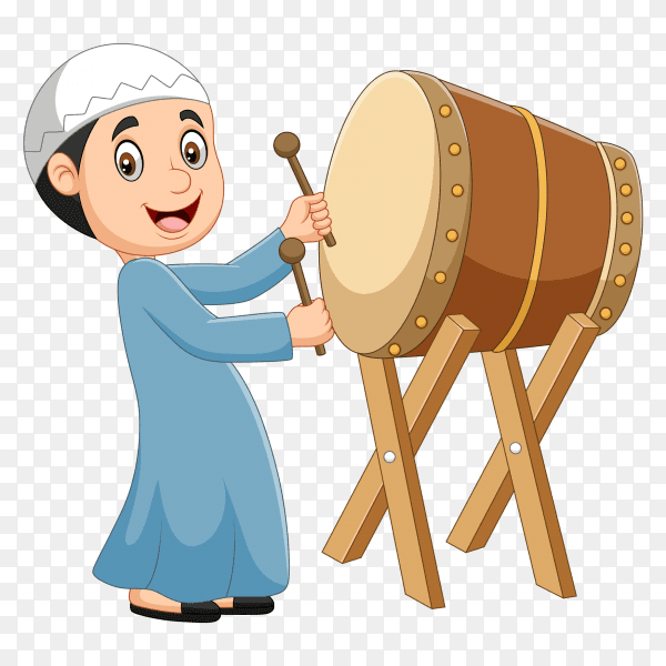 Cartoon muslim boy hitting bedug PNG