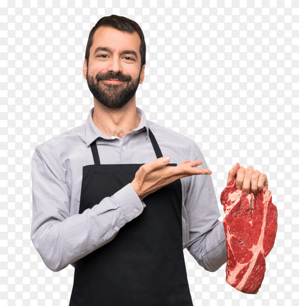 Chef holding raw meat presenting idea while looking smiling towards PNG