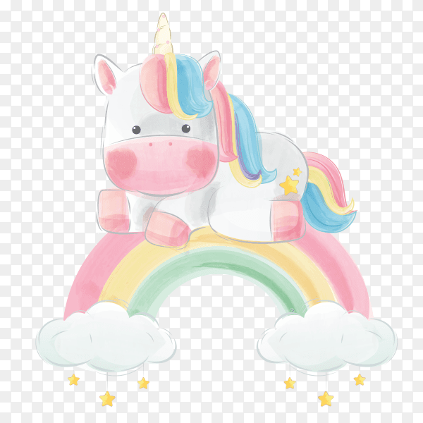 Colorful unicorn sitting above the rainbow PNG