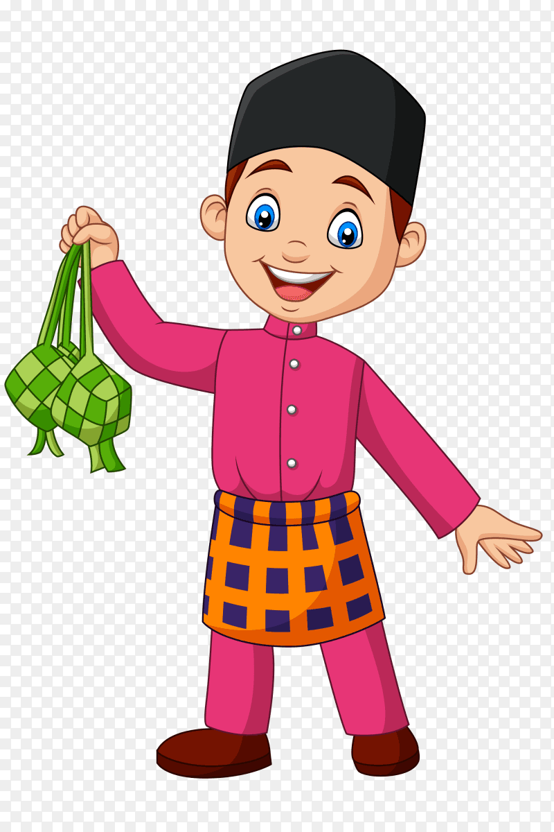 Cute muslim boy holding a ketupat Vector PNG