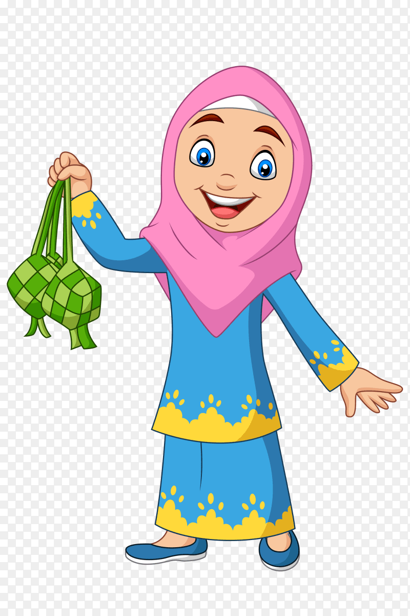 Cute muslim girl holding a ketupat Vector PNG