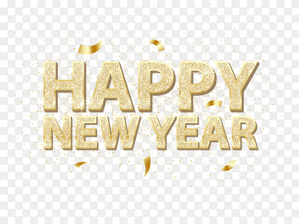 Golden happy new year inscription and falling golden confetti PNG