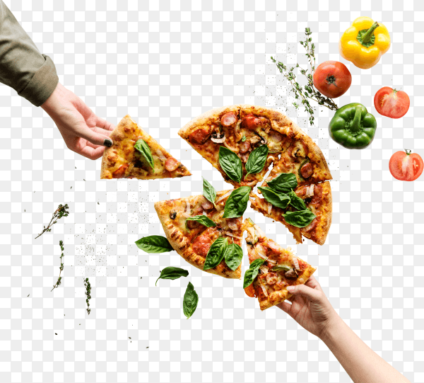 Hands taking slices of italian cuisine pizza PNG