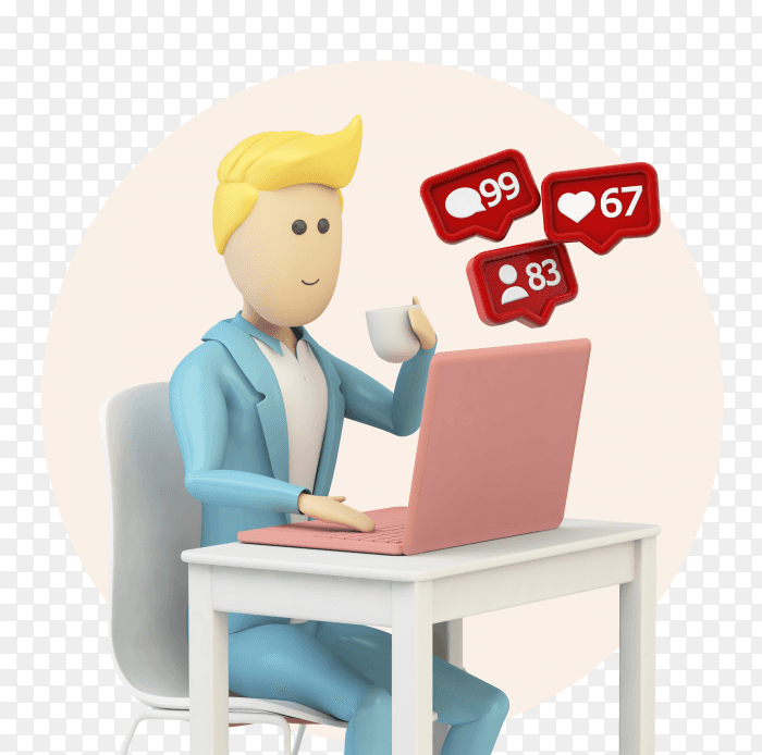 Male cartoon using computer with social media notifications PNG