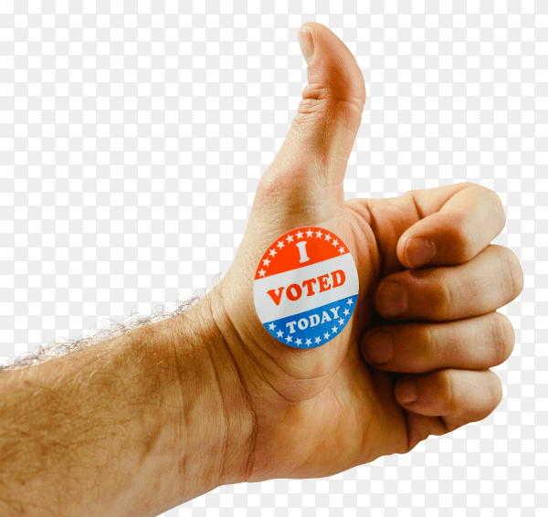 Man's hand teaching that he has voted today in the american elections with a sticker PNG