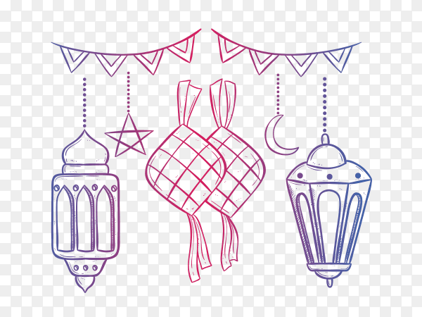 Ramadan kareem with lantern and ketupat using doodle style PNG