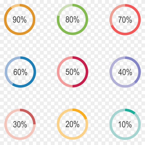 Colorful circle Loading and Progress Bars from 10% to 90% Vector PNG