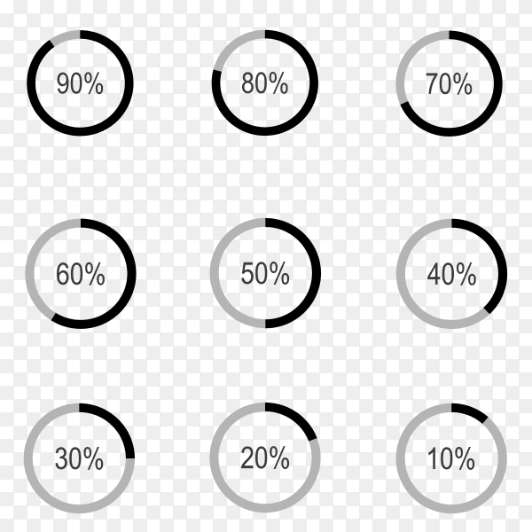 Set of black-Gray loading and progress from 10% to 90% Vector PNG