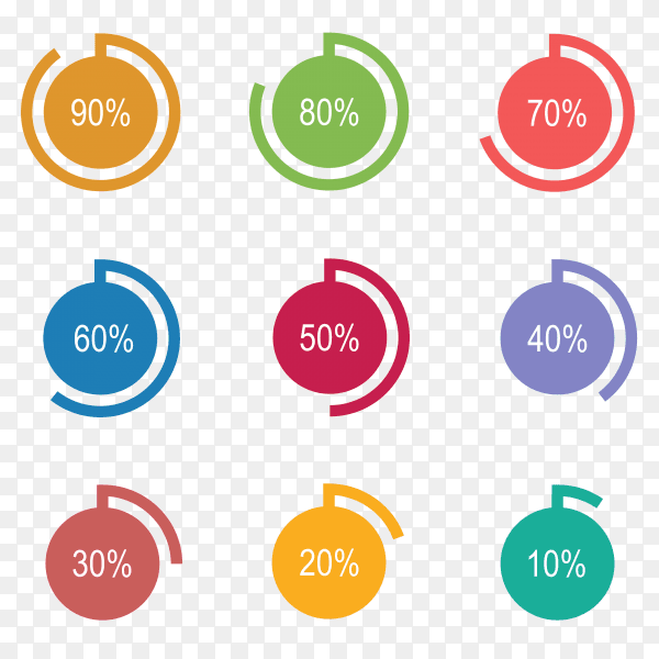 Colorful circle Loading and Progress from 10% to 90% Vector PNG