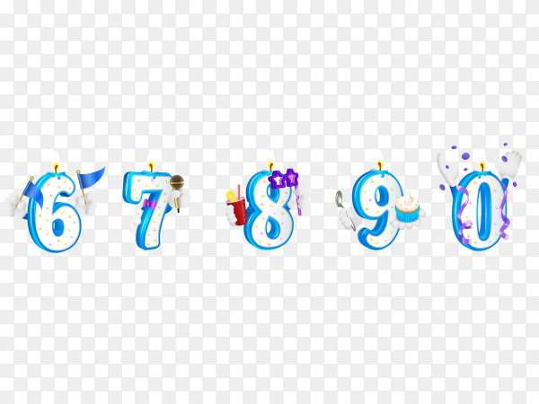 Set of numbers happy birthday with candle from 6 to 0 PNG