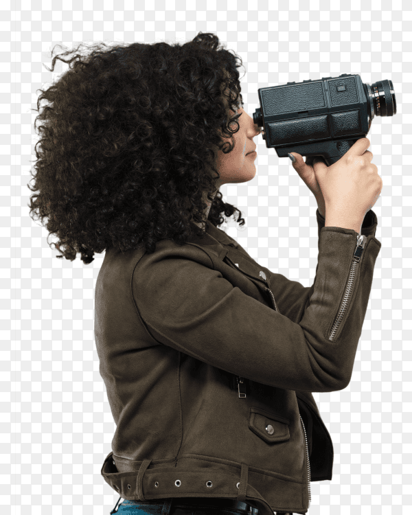 Young woman holding a video camera PNG