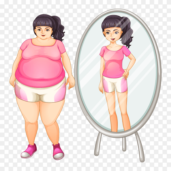 A fat girl and her slim version in the mirror Vector PNG
