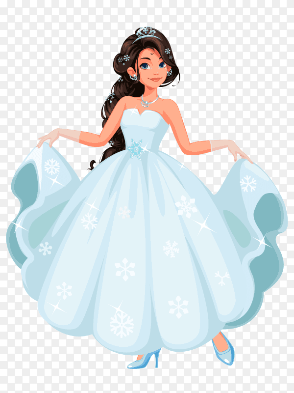 Beautiful cute princess holding her long white dress PNG