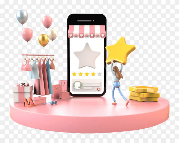 Customer female happy to giving five stars feedback satisfaction for favorite store shopping online on mobile - download PNG