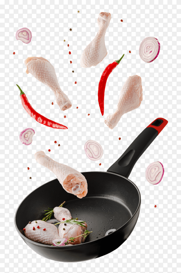 Flying raw chicken legs or drumsticks with spices over frying pan PNG