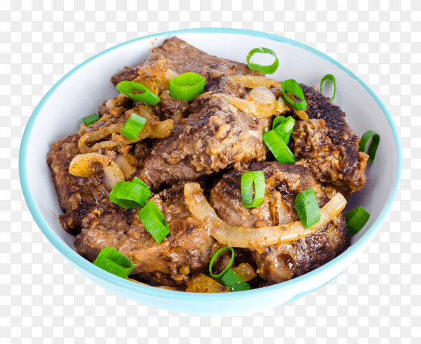 Fried liver with onions in bowl PNG