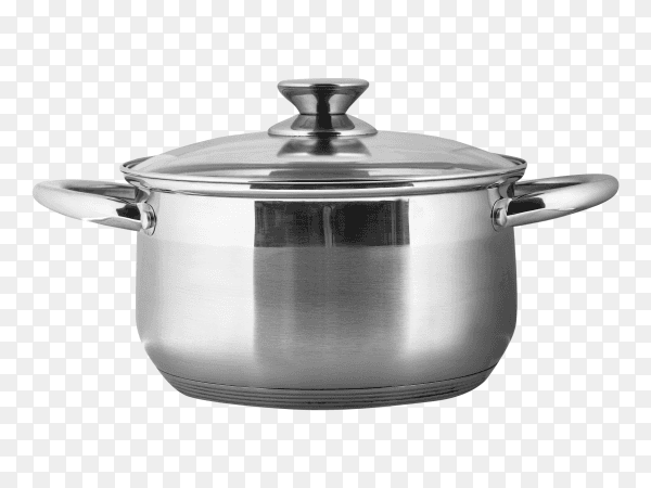 Metal pot with glass lid and plastic handles PNG