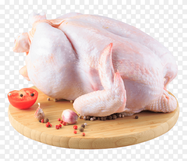 Raw chicken carcass on the cutting board PNG