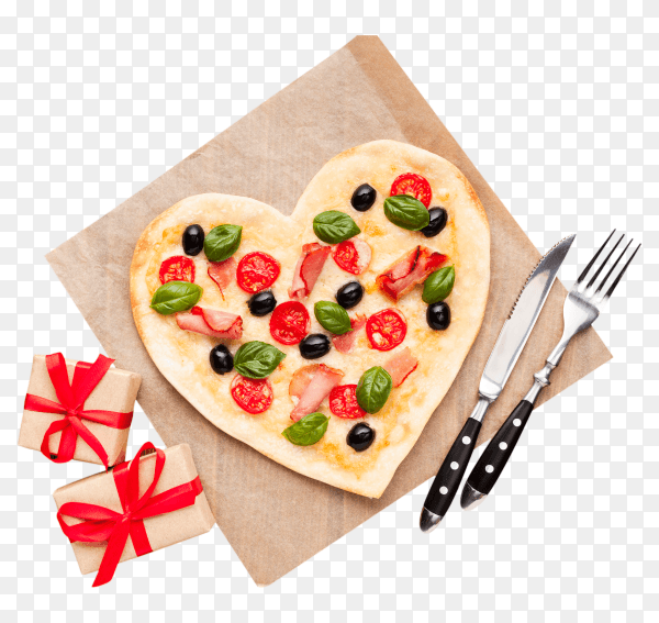 Top view heart shaped pizza with gifts PNG