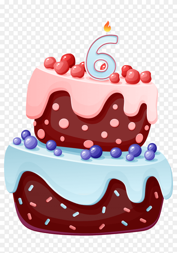 Cute cartoon 6 year birthday with chocolate cake PNG