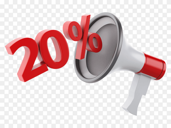 3D megaphone with percent discounts 20% Premium PNG