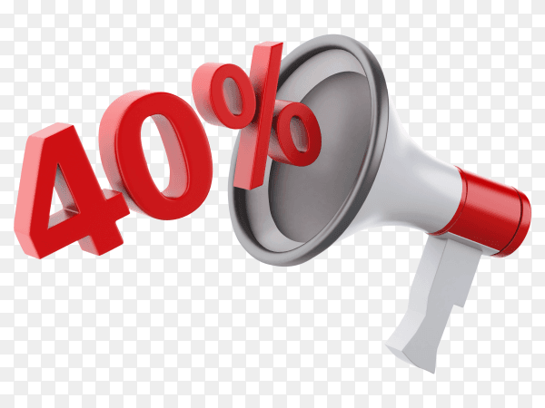 3D megaphone with percent discounts 40% Premium PNG