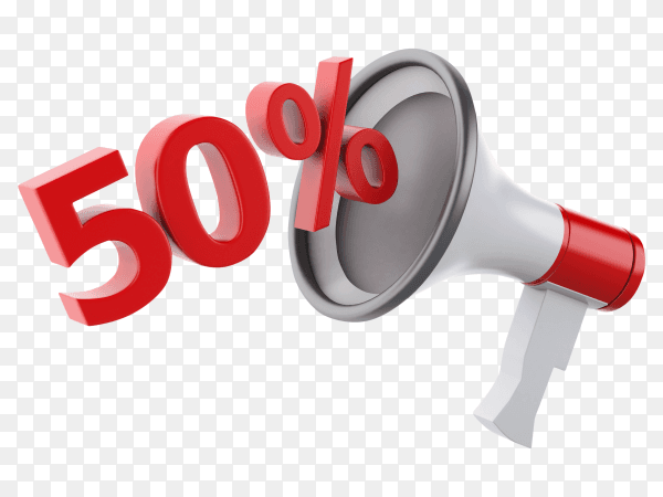 3D megaphone with percent discounts 50% Premium PNG