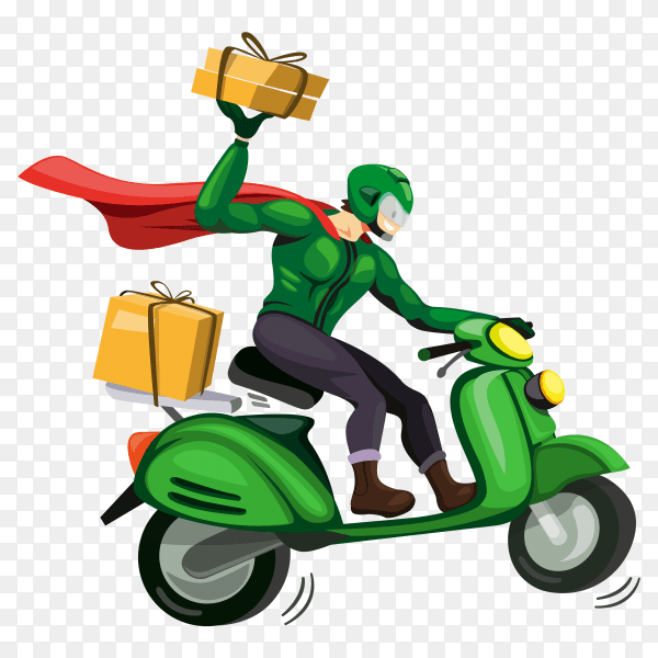 Delivery man with green motorbike illustration transparent PNG