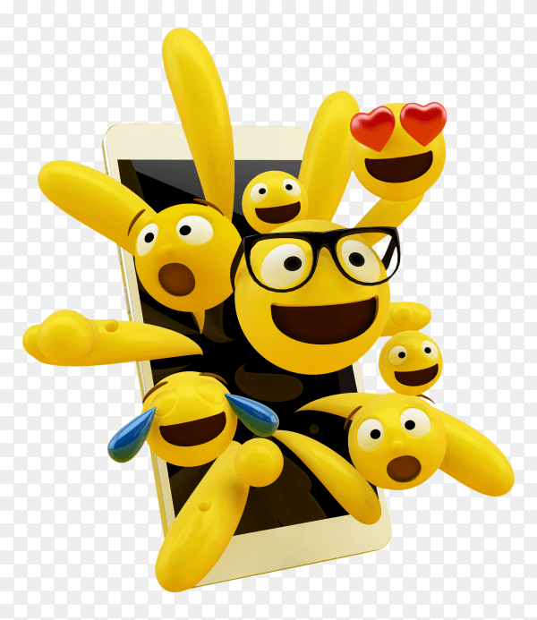 Emoji collection popping out from the phone screen on transparent background PNG