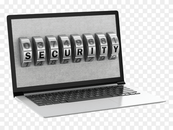 Laptop with brick wall and combination lock on transparent background PNG