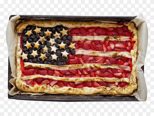 American flag painted on pie with strawberries and blueberries on transparent PNG