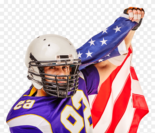 American football player celebrating with American flag on transparent PNG