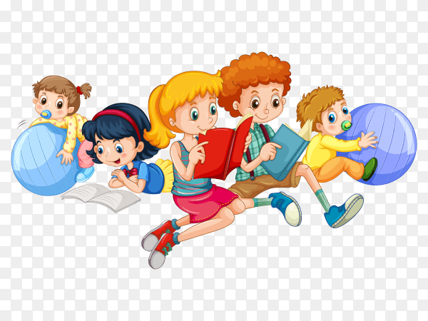 Children reading and playing with balls Clipart PNG