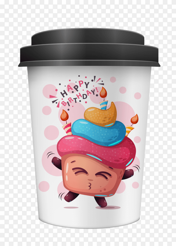 Cup painted cartoon happy birthday cake with three candle vector PNG
