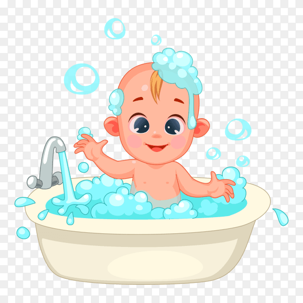 Cute baby cartoon bathing with foam bubbles on transparent background PNG