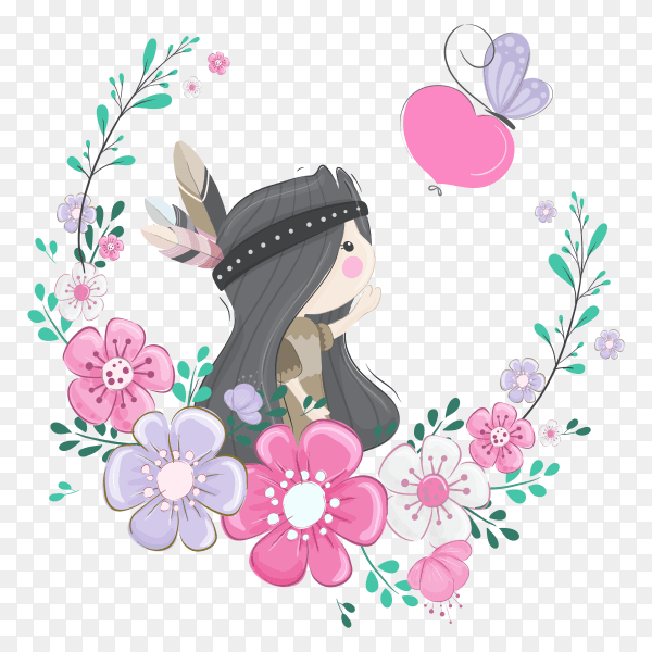 Cute cartoon girl tribal with little buttlerfly on transparent background PNG
